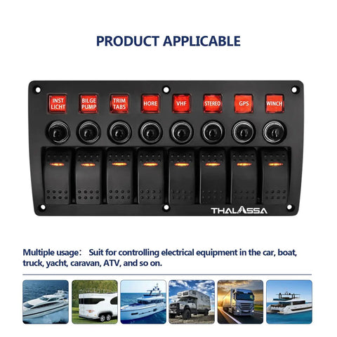 Beefy 8 Gang Marine Rocker Switch Panel Waterproof With Circuit Breaker 12V On Off Toggle Panel Red LED Indicator For Boats RVs Cars Trucks Yachts And More mounted front view showing switches and labels.