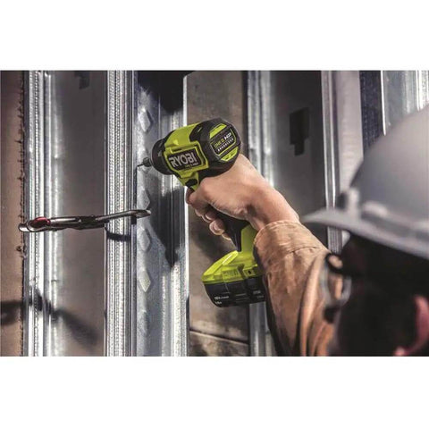 Person using Hard Hitting 18V Brushless Drill And Impact Driver Kit With Two 1 5Ah Batteries on metal studs.