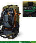 PhotoSport X 35L AW Camera Backpack For DSLR And Mirrorless Gear With Rear Access And Mountain Ready Features Built From Recycled Fabrics Size M And L Dark Grey And Green showing tag detail.