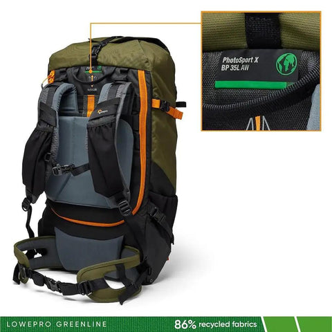PhotoSport X 35L AW Camera Backpack For DSLR And Mirrorless Gear With Rear Access And Mountain Ready Features Built From Recycled Fabrics Size M And L Dark Grey And Green showing tag detail.