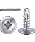 Close-up of Number Eight Truss Head Self Tapping Screws For Sheet Metal 410 Stainless Steel Fasteners with driver.