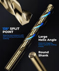 Close-up of a drill bit from the 108 Piece Cobalt Drill Bit Set for Hardened Metals and More, showing 135° split point and large helix angle.