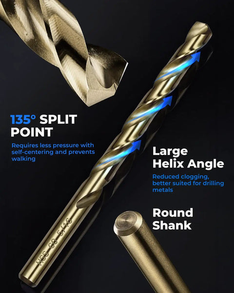 Close-up of a drill bit from the 108 Piece Cobalt Drill Bit Set for Hardened Metals and More, showing 135° split point and large helix angle.