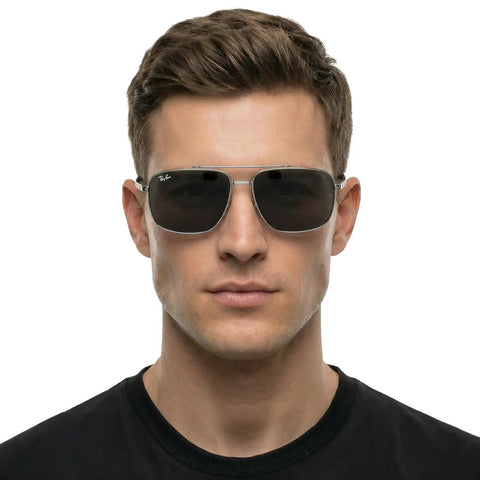 Man wearing Dope Unisex Square Sunglasses RB3796 In Silver Blue, full rim frames, 59 mm lens, durable everyday shades, UV protection