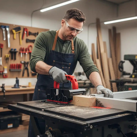 Person using Adjustable Push Block For Table Saw And Router Table With Safe And Stable Grip Sliding Height And Base Width Heavy Duty Anti Slip Woodworking Pusher For Jointer And Band Saw with woodworking tools and safety gear in a workshop setting.