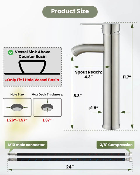 Dope Modern Tall Vessel Sink Faucet With Single Handle For One Hole Install, dimensions chart, brushed nickel finish