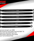Heavy Duty Radius Arms Kit For X3 XRS XRC XMR 72 Inch Upper And Lower Turret Arms 6061 Aluminum 1040 Carbon Spacers Black Anodized Finish Improved Rigidity Over OEM Made In USA, six black radius arms