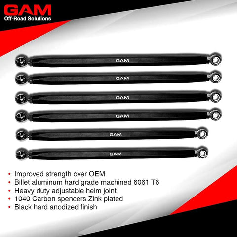 Heavy Duty Radius Arms Kit For X3 XRS XRC XMR 72 Inch Upper And Lower Turret Arms 6061 Aluminum 1040 Carbon Spacers Black Anodized Finish Improved Rigidity Over OEM Made In USA, six black radius arms