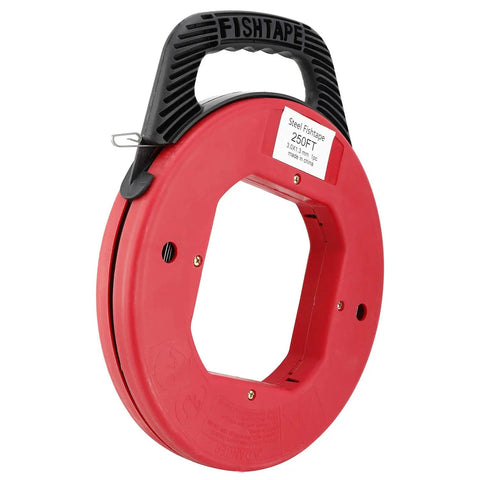 250 Ft Electrician Fish Tape Reel with Spring Steel Fishtape, red round reel with black handle for pulling wire through conduits.