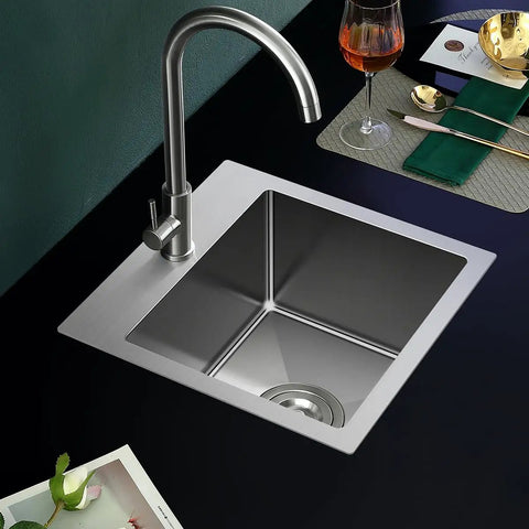 Top view of 20 Inch Drop In Kitchen Sink In Stainless Steel With Brushed Nickel Finish, Single Bowl Compact Design For Small Kitchens installed