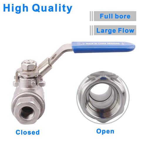 DERNORD stainless steel 304 ball valve with blue lever, 1/4" NPT, full-port, locking device