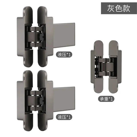 Premium Industrial Heavy Duty Built Tough Hydraulic Self Closing Concealed Door Hinge With Silent Buffer showing two angles and details of hinges.