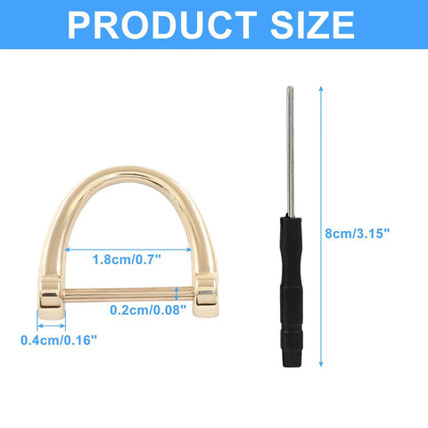 Heavy Duty Gold U Shape D Ring Screw Eyes 15 Pack Rust Resistant Alloy Strap Hardware For Bags Saddlery And Rigging Snap On Hassle Free Rock Solid Gear Upgrade with size measurements and included screwdriver.