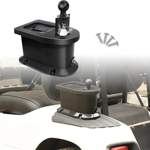 Golf Cart Ball Washer And Club Cleaner Kit with detachable system and universal mounting bracket shown on golf cart.