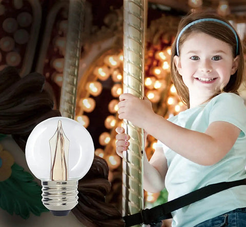 Child holding pole beside Scoreboard Style G50 LED Decorative Bulb For Christmas Lights Warm White 2400K Outdoor IP65 Waterproof