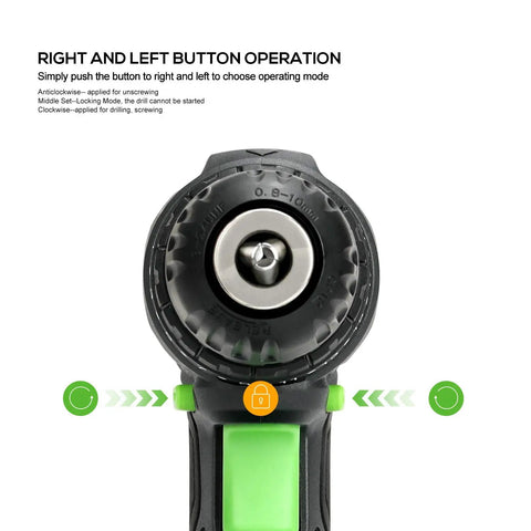 Front view of No Nonsense Two Speed Compact Drill Driver 20V Max With Three Eighths Inch Chuck, showing right and left button operation.