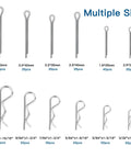 420 Piece Cotter Pin And Hairpin Pin Assortment Kit Zinc Plated R Clips And Spring Retaining Pins in Six Sizes shown on grid.