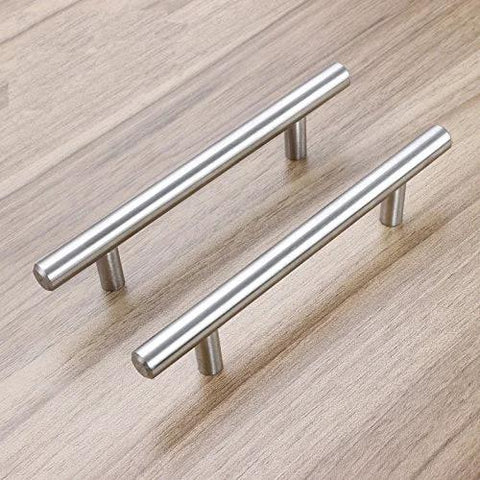 Stainless Steel Brushed Satin Nickel Cabinet Pulls Pack Of 30 Hollow Tube T Bar Drawer Handles on wooden surface