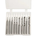 Front view of a 10-piece carbide end mill set with 1/8 in shank, upcut router bits in a plastic case