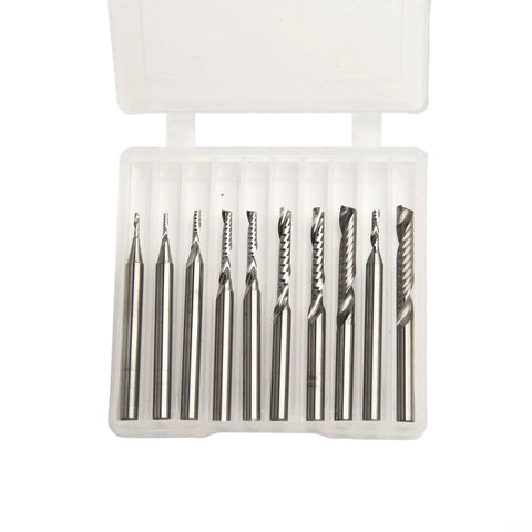 Front view of a 10-piece carbide end mill set with 1/8 in shank, upcut router bits in a plastic case