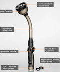 Heavy Duty Metal Watering Wand With 15 Inch Hose Nozzle Sprayer And 10 Spray Patterns, Thumb Flow Control, Zinc Alloy Build