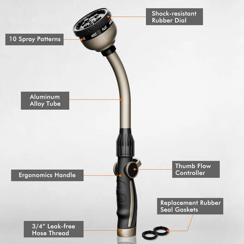 Heavy Duty Metal Watering Wand With 15 Inch Hose Nozzle Sprayer And 10 Spray Patterns, Thumb Flow Control, Zinc Alloy Build