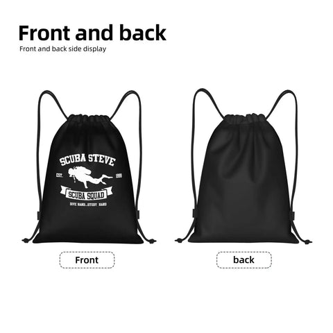 Scuba Steve Scuba Squa Drawstring Gym Bag With Water Resistant 210D Polyester Lightweight Durable Sport Sack Front and Back View