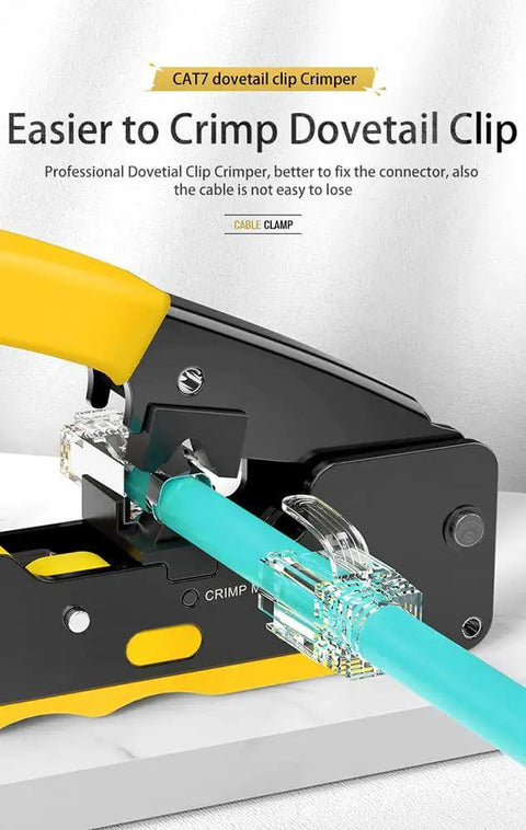 All In One RJ45 Pass Through Crimp Tool For Cat5e Cat6 Cat6a Data Cables Built In Wire Stripper And Cutter Includes 20 Replacement Blades
