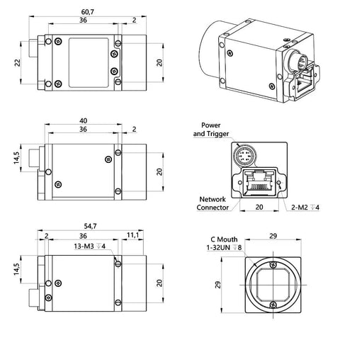 Technical diagram of Industrial Gigabit Ethernet Camera with Global Shutter for Machine Vision, dimensions and connectors shown.