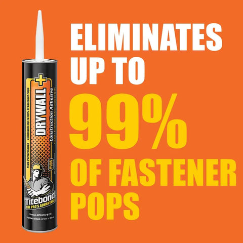 Fast Grab Drywall Adhesive for Wood and Metal Studs 28 Ounce tube against orange background with text highlighting features