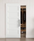 Premium 36X84 Inch 5 Panel Concealed Sliding Barn Door With Hassle Free Smooth Glide Track And Slam Free Soft Close Hardware in white.