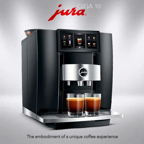 Top Shelf Automatic Espresso Machine Featuring Giant Interactive Touchscreen And Single Button Operation In Sleek Diamond Black Finish Includes Complete Gear Bundle For Serious Home Brewers Who Want Fire, showcasing two espresso shots.