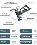Badass Pro Grade Electric Concrete Cutter Featuring 8800 Watt Brushless Motor And Lightning Fast 3000rpm Rotation for wall trimming features, side view.
