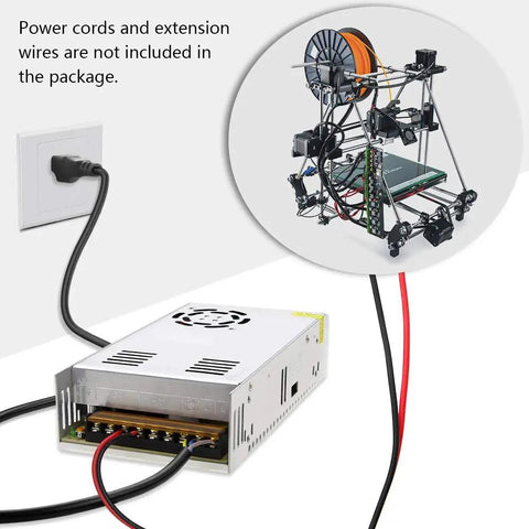 Versatile 24V DC Power Supply 360W 15A With Three Output Channels For LED Strips and 3D Printers, shown with 3D printer setup.