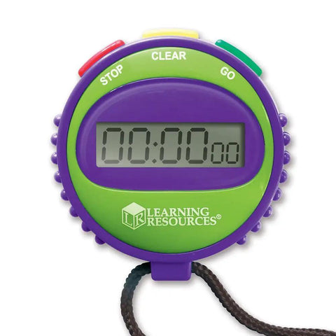 Three Button Kids Stopwatch For Classrooms And Home with green go, red stop, yellow clear buttons, digital display, ages five and up