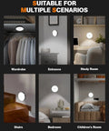 Rechargeable Magnetic Puck Lights With Motion Sensor in various indoor settings like wardrobe, entrance, study room, stairs, and bedroom.
