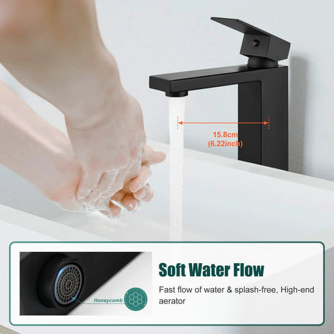 Person washing hands under Dope Matte Black Vessel Sink Faucet With Tall Body, Single Hole Deck Mount, SUS304 Stainless Steel Bathroom Vanity Mixer Tap, One Handle Lavatory Basin Tap, Drain Included, Built To Last, Modern Restroom Fixture, showing water flow.