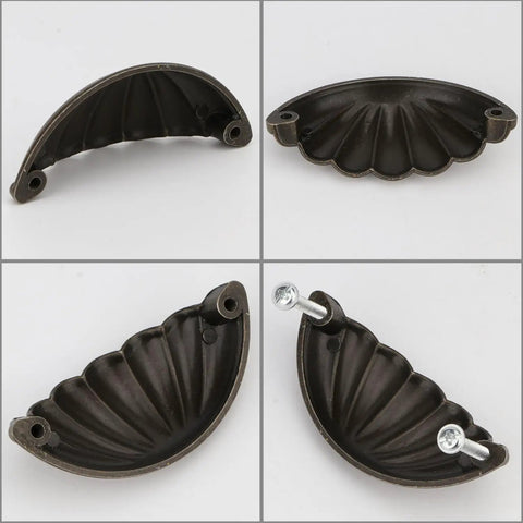 Four Pack Bronze Semicircle Cabinet Pulls Featuring Heavy Duty Zinc Alloy Build And Hella Tough Grip For Kitchen Drawers With Killer Bronze Top Shelf Hardware At Two And A Half Inch Center To Center Spacing, showing half moon shape and screws.