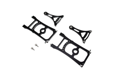 One Eighth Scale RC Car Setup Stand and Alignment Kit components, CNC Aluminum Chassis Fixture parts for precise adjustments.