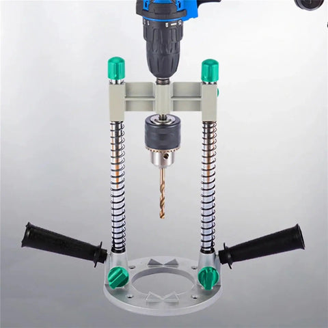 Pro Grade Drill Guide Stand For Woodworking with 1.5mm-13mm Chuck, aluminum base, dual handles, adjustable vertical positioner.