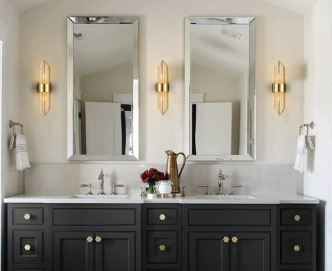Two Light Modern Wall Sconce In Brushed Titanium Gold With Clear Glass Crystal Luxury Wall Light Fixtures For Bathroom Vanity Set