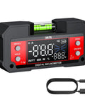 Heavy Duty Digital Angle Finder With Dual Axis Level And Quick Slope Checks Featuring Clear Led Screen And Built Tough Construction For No Fuss Contractor Projects Daily, showing inclinometer and USB charging cable.