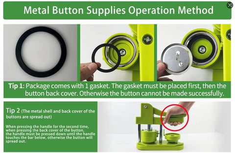 Metal Button Supplies Operation Method showing gasket placement and button making tips for Premium 2.25 Button Maker Supplies Packed With Two Hundred Sleek Metal Badge Blanks And Crisp Paper Discs For Nailing Dope Creative Crafts And Building Custom Pins That Truly Hit Different Every Single Day.