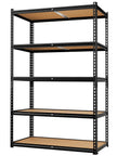 Tough As Nails 5-Tier Metal Shelving Unit Heavy Duty Storage Rack, black metal with brown shelves, 35x16x70 inches.
