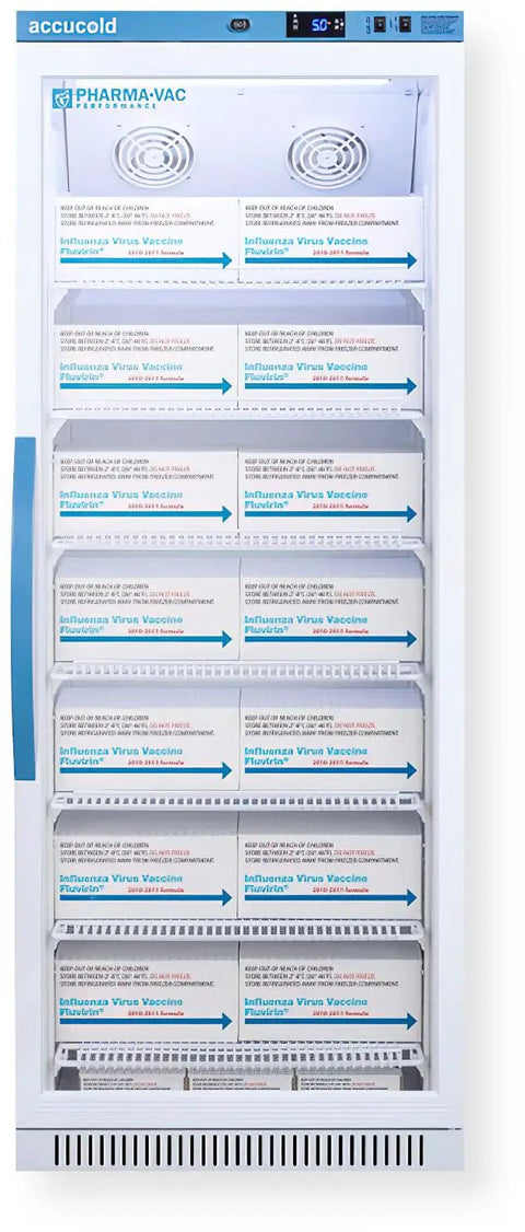 Upright Vaccine Refrigerator With Lock, 12 Cu Ft Capacity, Automatic Defrost storing vaccines on shelves