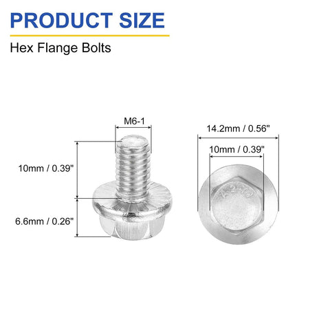 Rugged 5 Pack M6 X 10mm Hex Serrated Flange Bolts Screws Built From Top Shelf 304 Stainless Steel dimensions on display.