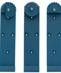 Solid And Slick Wood Track Rack System For Your Guide Rails With Easy Cam Lock Mount Works Like A Charm With Makita DeWalt Festool Kreg And Triton Track Saws Blue Shop Gear Organizer with polymer hooks.