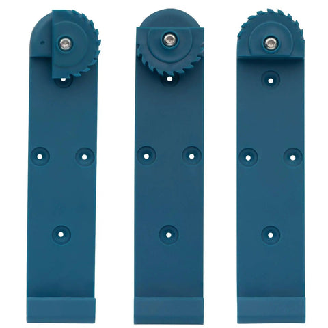Solid And Slick Wood Track Rack System For Your Guide Rails With Easy Cam Lock Mount Works Like A Charm With Makita DeWalt Festool Kreg And Triton Track Saws Blue Shop Gear Organizer with polymer hooks.