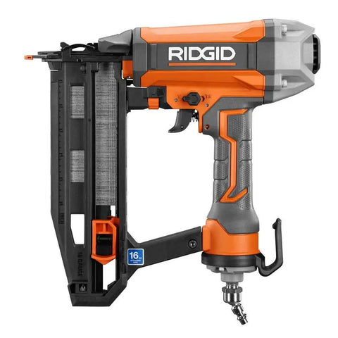 Orange and gray nail gun with black magazine, featuring a 16 gauge nail slot, angled for finish carpentry and woodworking projects.