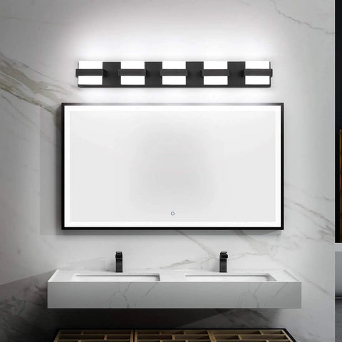 Sleek Black 5 Light Vanity Bar Over Mirror LED Bathroom Light 34 Inch Dimmable White Glow Modern Bath Fixture